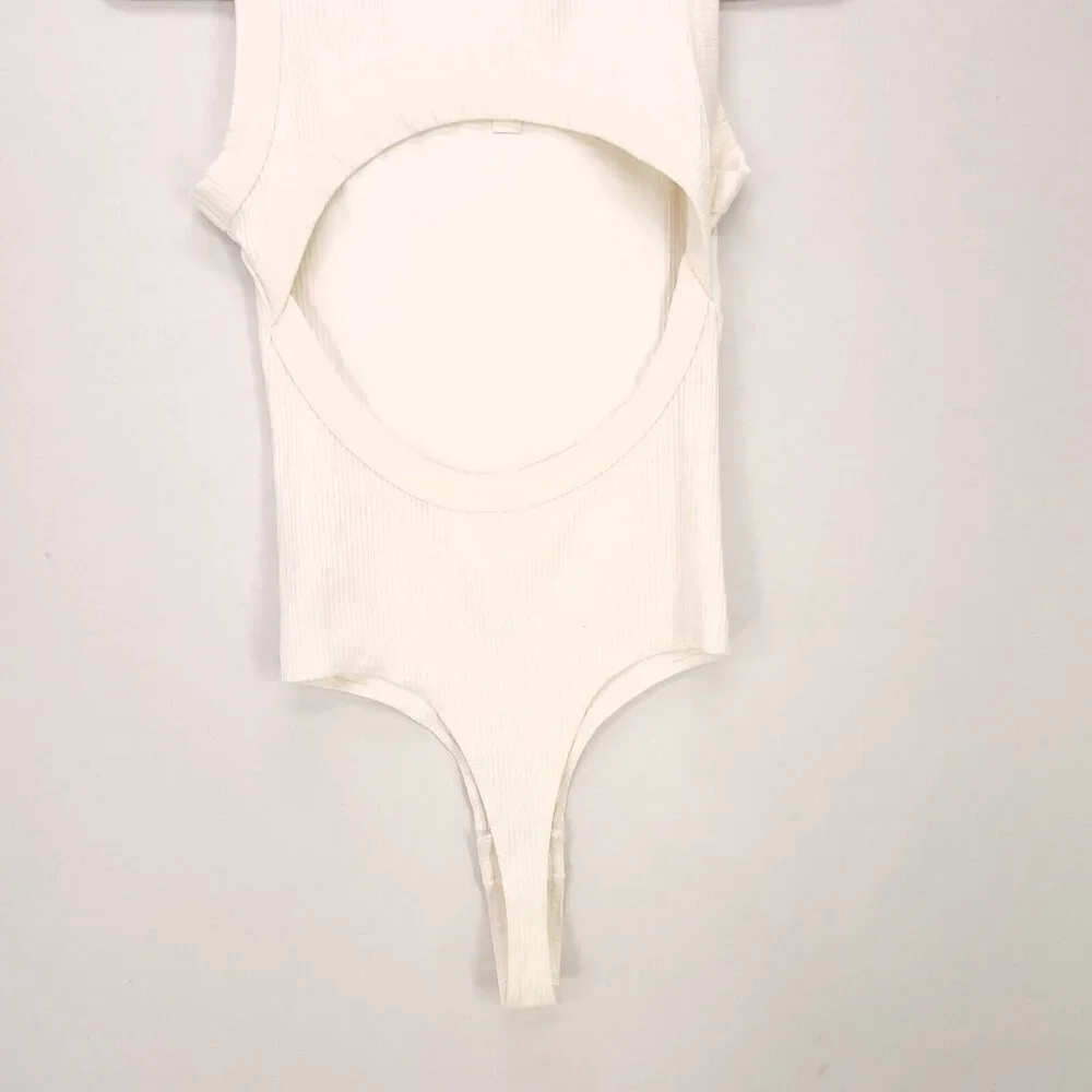 Madewell Tank Bodysuit Cutout Back Thong Ribbed Ivory Small Double Snap Closure - Picture 5 of 14
